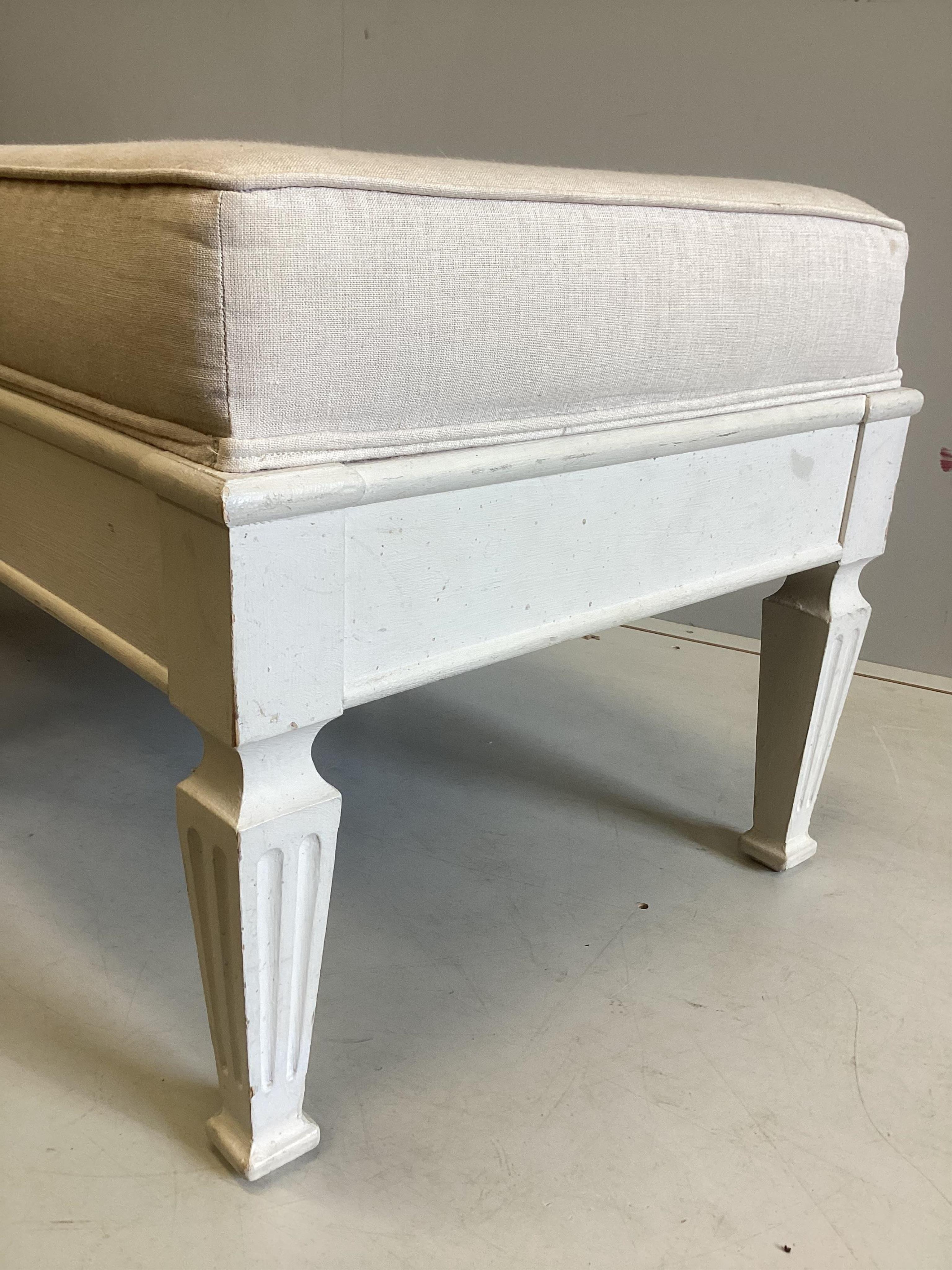 A Swedish style painted window seat, width 121cm, depth 57cm, height 52cm. Condition - good